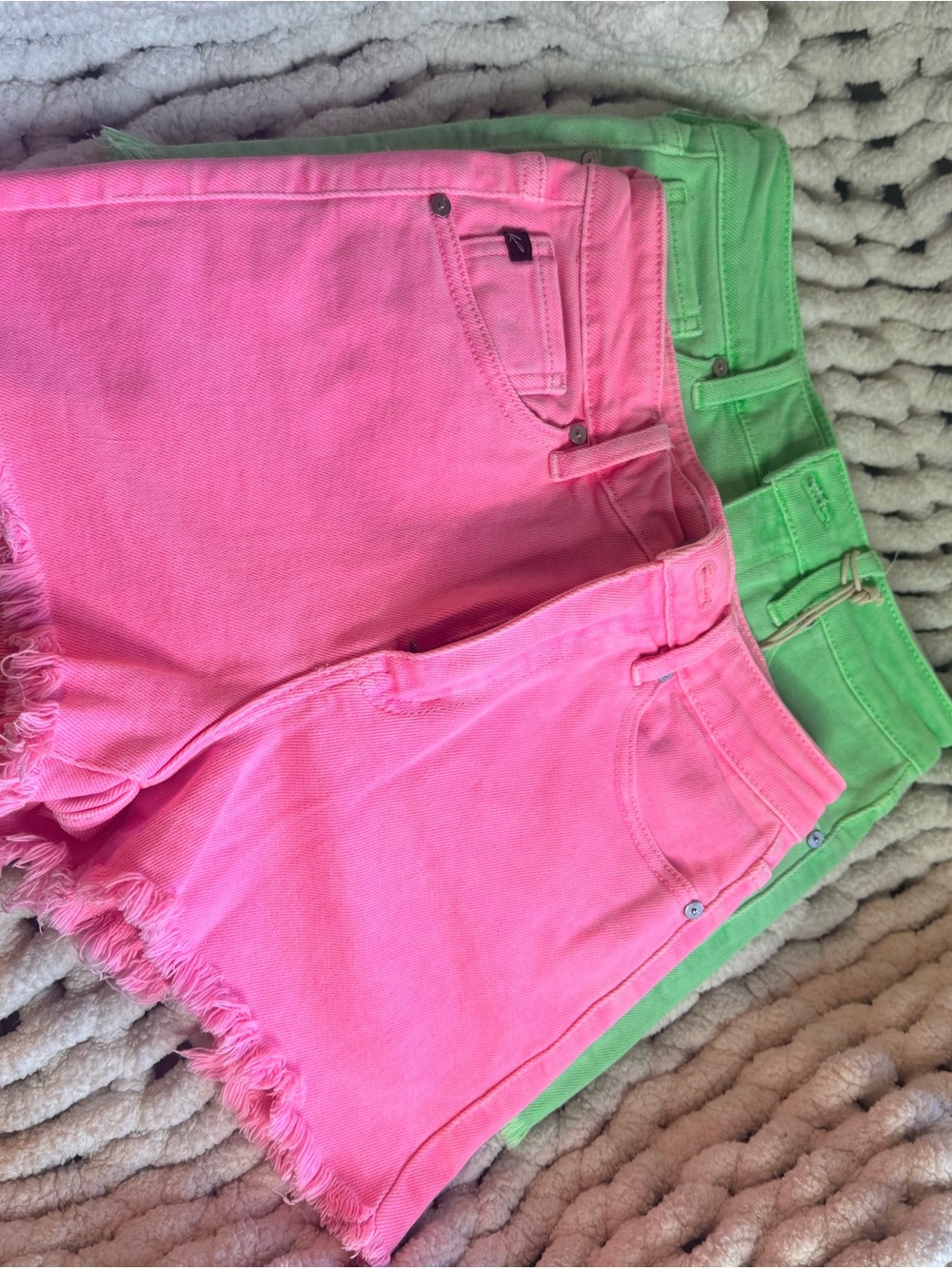 KanCan Neon Pink & Lime Green Frayed Hem high wasted Denim Shorts Duo